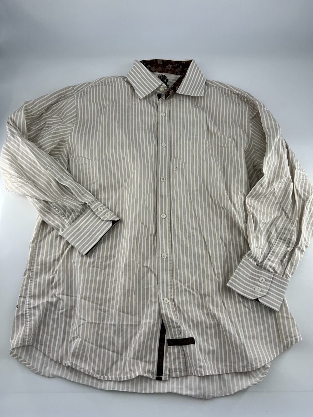 English Laundry Mens 17.5 32/33 Tan White Striped Shirt Preppy Career Core Ivy